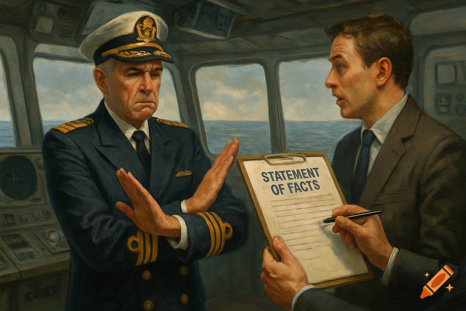 A painting of a ship captain in uniform making a 'stop' gesture at a man in a suit holding a 'Statement of Facts' document on a ship's bridge.