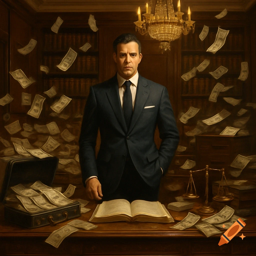 A serious man in a dark suit stands behind a desk with an open book, scales of justice, a briefcase full of money, and banknotes raining down in an opulent office.