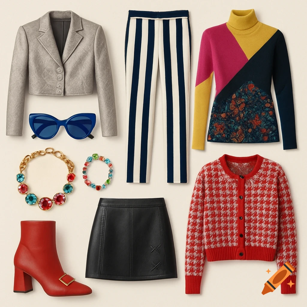 A flat lay displays a colorful capsule wardrobe with a grey blazer, striped pants, a multicolored turtleneck, a red houndstooth cardigan, a black skirt, red boots, sunglasses, and gemstone jewelry.