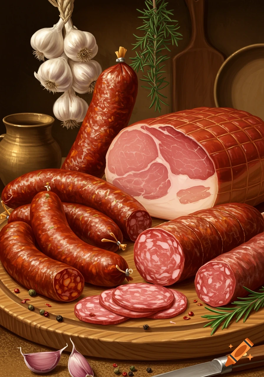A still life painting of various cured meats including sausages, sliced salami, and a large ham, with garlic and rosemary on a wooden board.