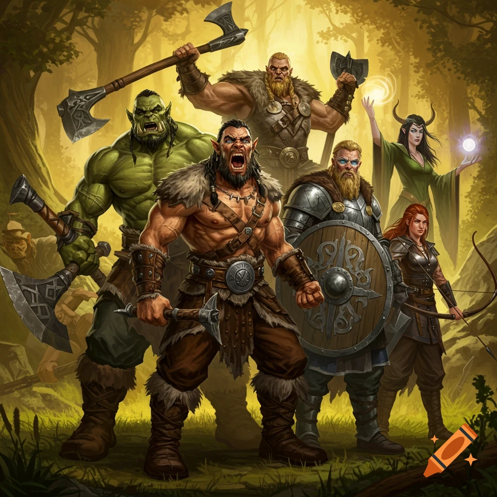 A diverse group of fantasy warriors, including an orc, barbarian, viking, knight, sorceress, and archer, stand ready for battle in a sunlit forest.