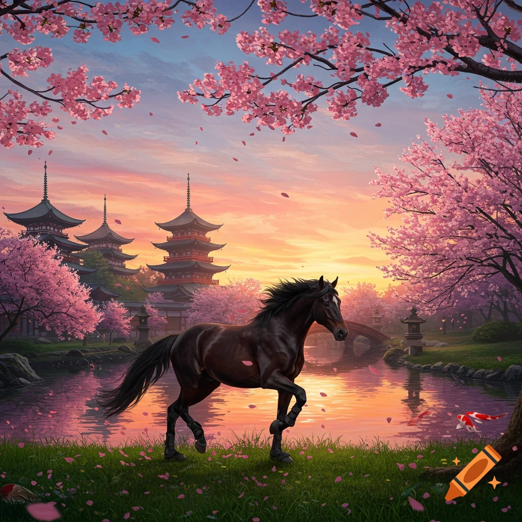 A dark brown horse gallops through a Japanese garden with pink cherry blossoms, pagodas, and a lake at sunset.