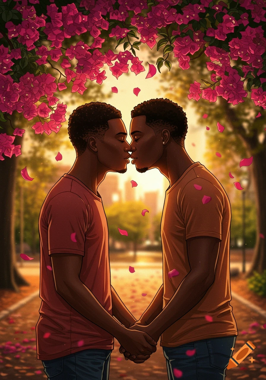 Illustrated image of two Black men kissing and holding hands under vibrant pink flowers, in a park with city buildings in the background.
