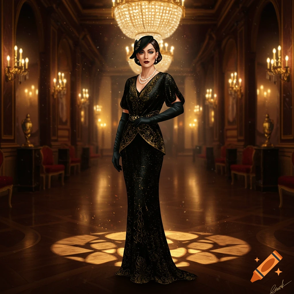 An elegant woman in a black and gold dress, hat, and long gloves stands in a grand, richly decorated ballroom.