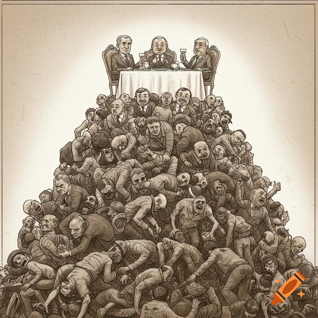 Sepia-toned editorial cartoon showing three opulent men dining indifferently at a table atop a massive pile of struggling, exhausted people.