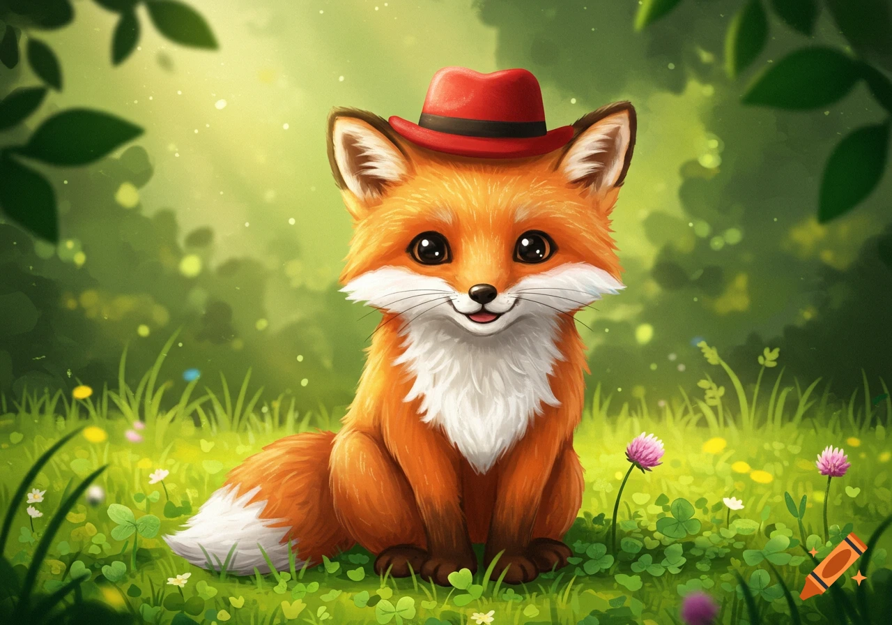 A cute, fluffy orange cartoon fox with a white chest and tail tip, wearing a red hat, sits in a vibrant green meadow.