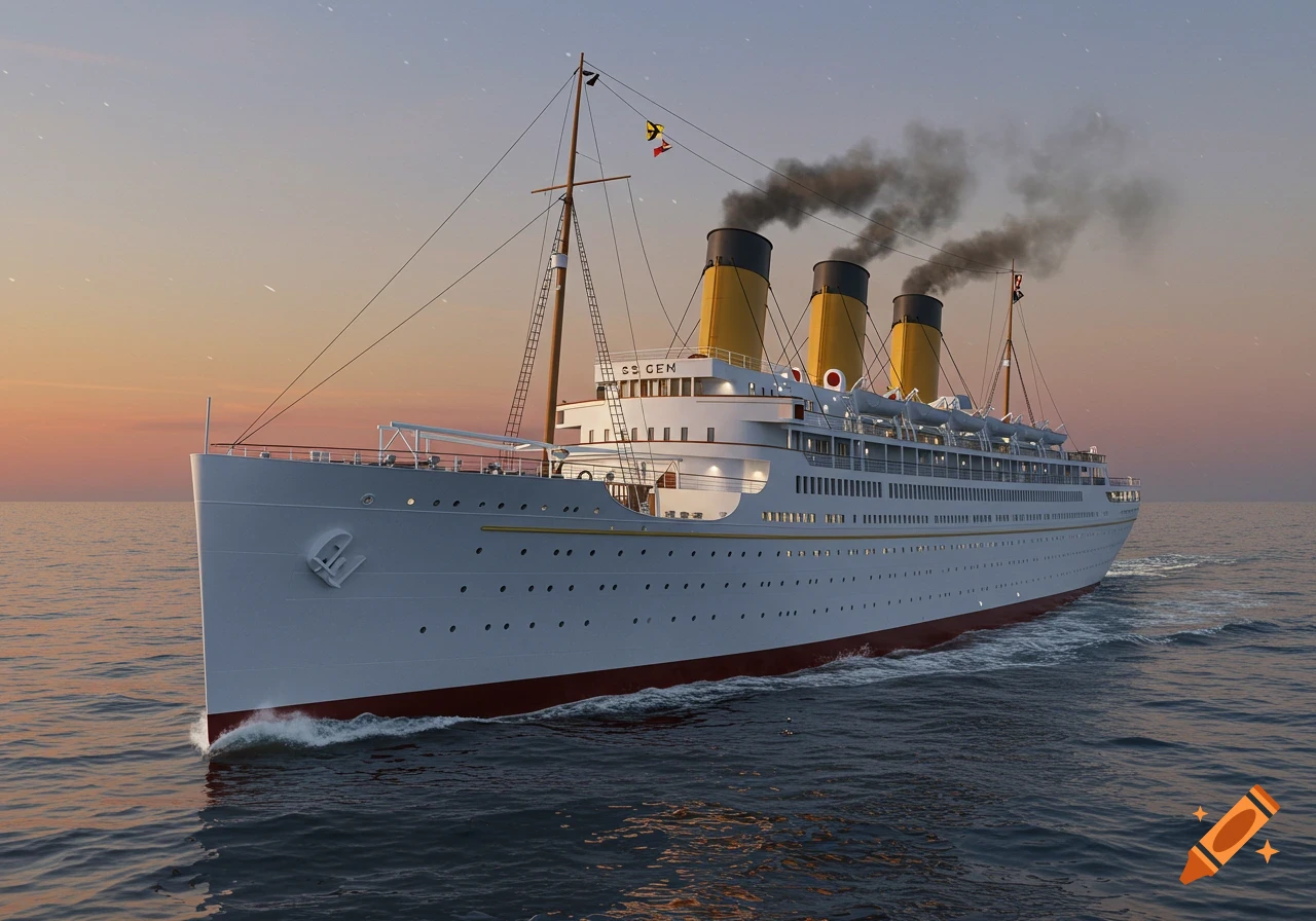 A large white ocean liner with red hull, yellow and black smokestacks, labeled "SS GEM", sails on calm water at sunset.
