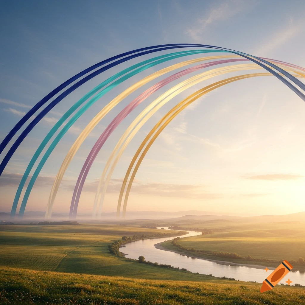 Colorful arched bands stretch over a green landscape with a winding river at sunset.