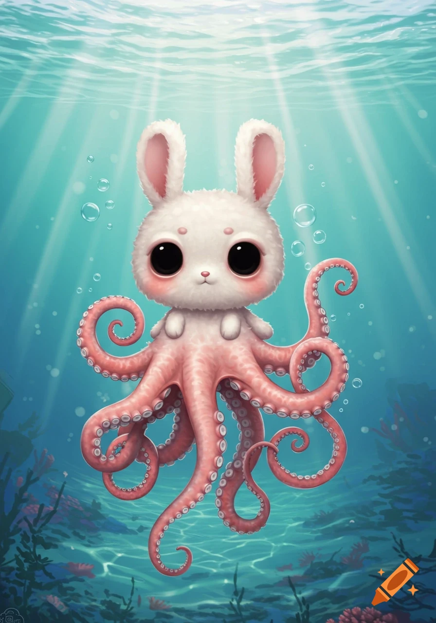 A cute white bunny with big black eyes and a pink octopus body swims underwater amidst coral and bubbles, in a digital art style.