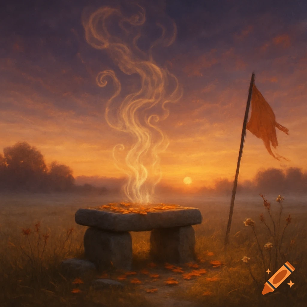 A stone altar with glowing embers and swirling smoke sits in a misty field at sunset, with a tattered orange flag nearby.