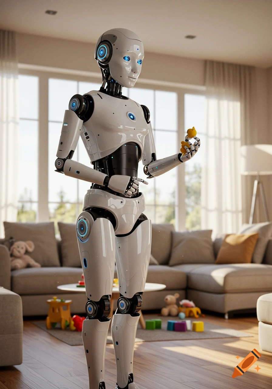 A white and black humanoid robot stands in a bright living room, holding a small yellow rubber duck toy.