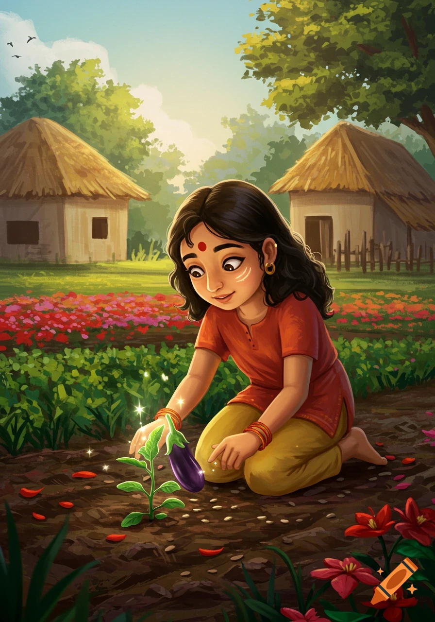 An illustration of a young girl, Meera, kneeling in a vibrant village garden, watering a sparkling eggplant sprout.