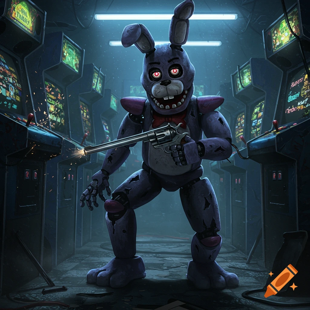 Bonnie the Bunny, a purple animatronic character, fires a long-barreled revolver in a dimly lit arcade.