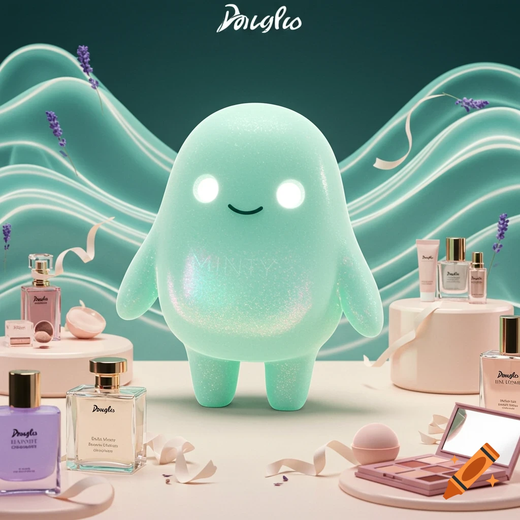 A glowing mint-green blob mascot smiles among various beauty products like perfumes, makeup, and creams, with lavender sprigs on a teal background.