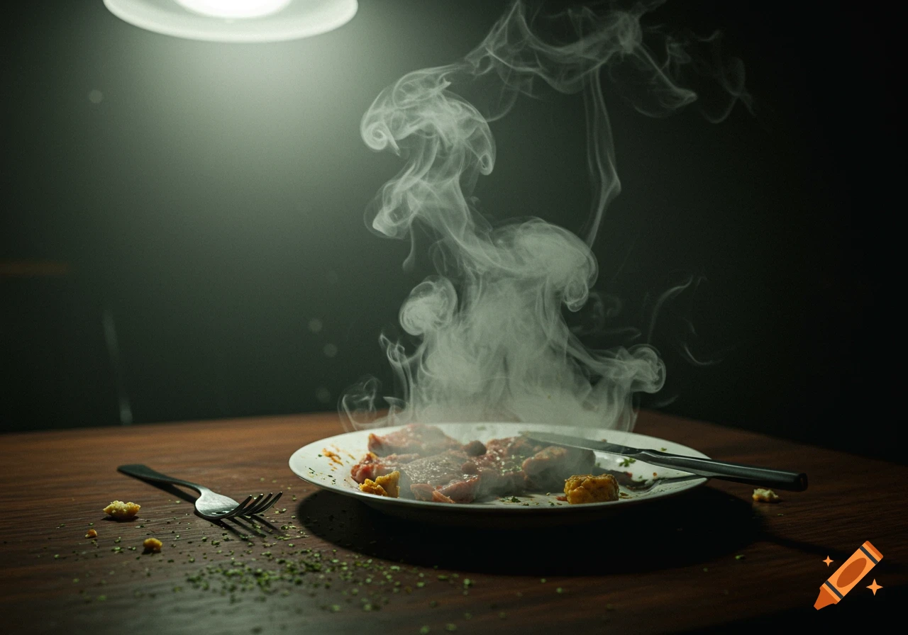 Steaming plate of food with a fork and knife on a dark wooden table under a spotlight, photorealistic.