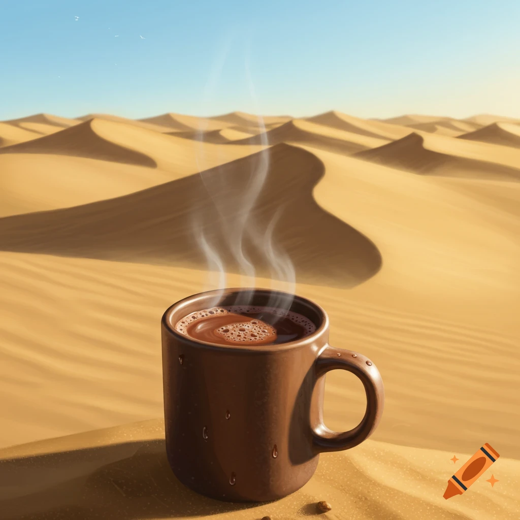 A steaming mug of hot chocolate sits on a sand dune in a vast desert landscape under a clear blue sky, photorealistic.