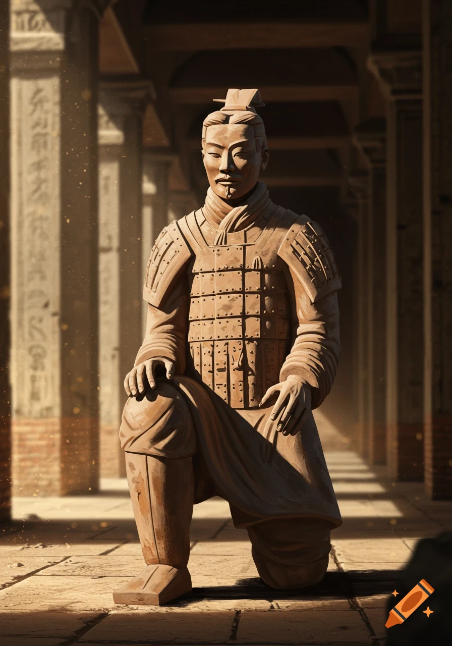 A clay terracotta warrior statue kneels in a sunlit ancient hall with pillars, dressed in armor with hair in a bun.