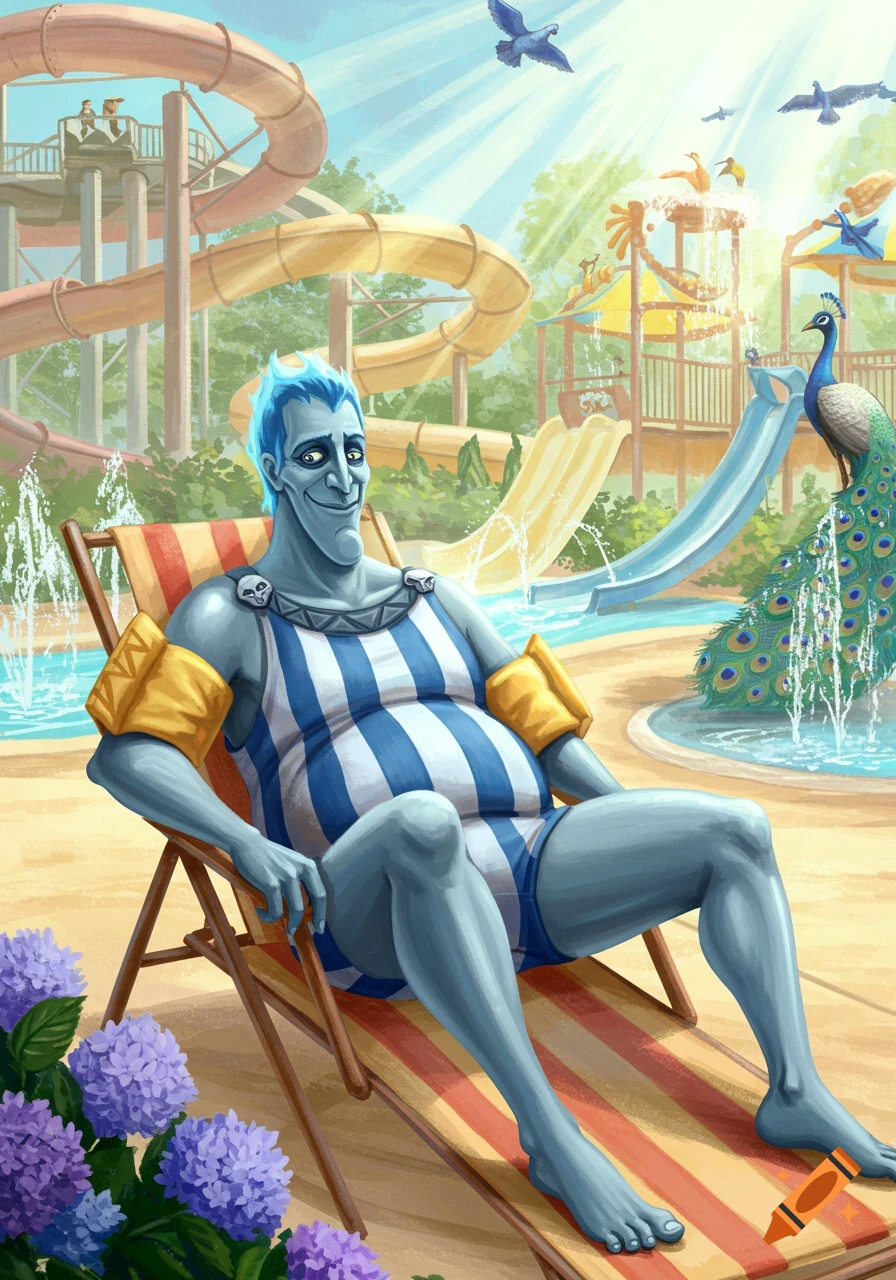 Hades from Hercules relaxing in a blue and white striped bathing suit and armbands in a beach chair at a sunny waterpark.