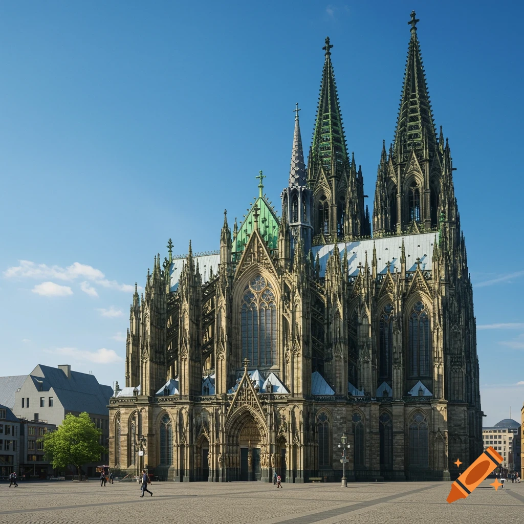 Photorealistic image of the grand Cologne Cathedral with green spires, seen from a large paved square on a clear day.