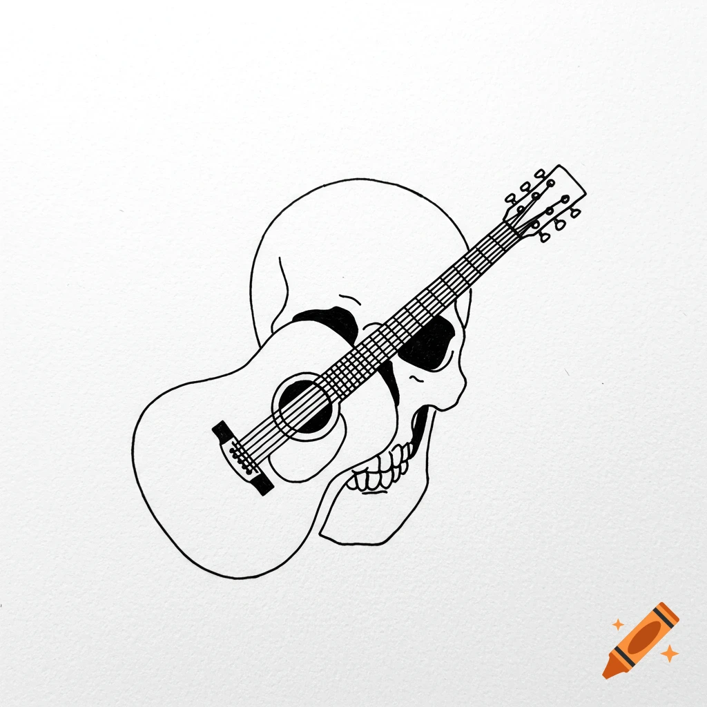 Minimalist black ink fine line drawing of a skull with a guitar resting on it.