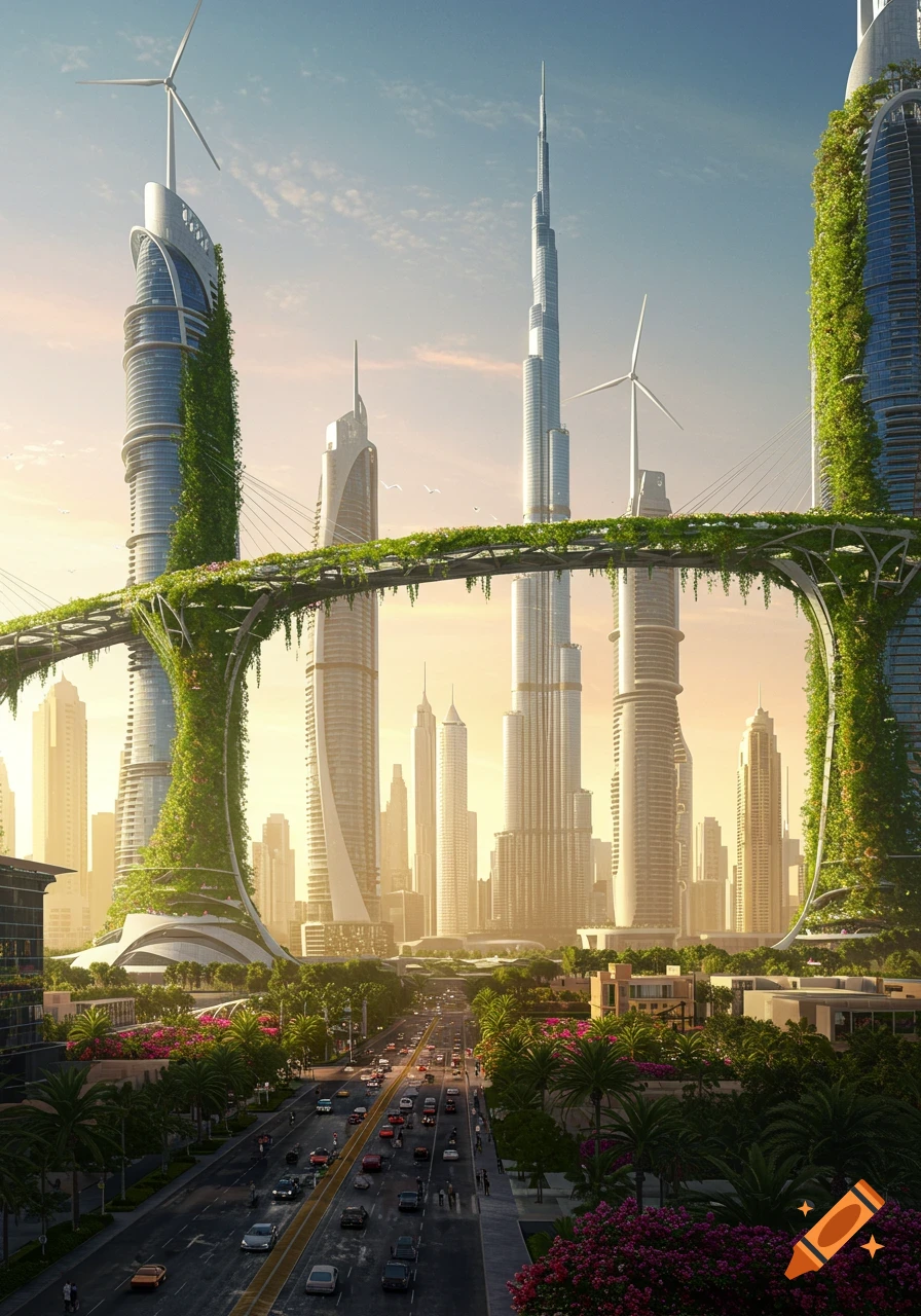 Photorealistic futuristic Dubai cityscape with lush green skyscrapers, a plant-covered sky bridge, and a busy street at sunset.