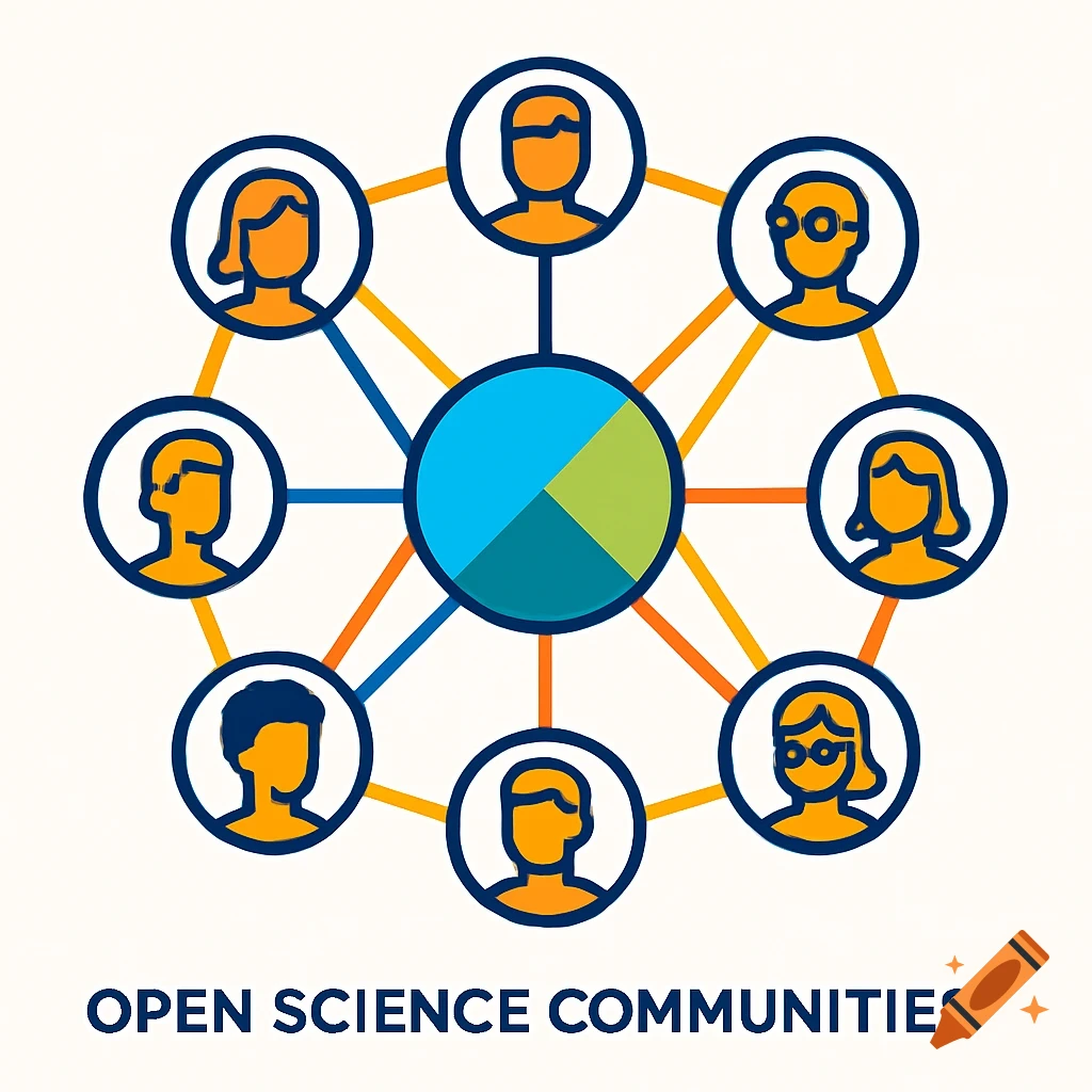 A pictogram showing eight abstract people icons connected in a network around a pie chart, with the text 'OPEN SCIENCE COMMUNITIES' below.