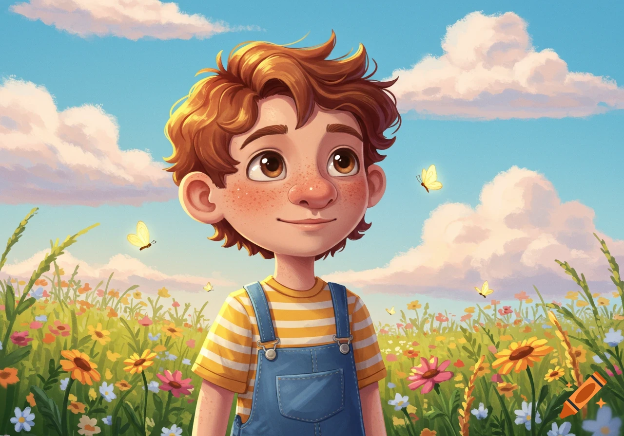Illustration of a red-haired boy with freckles in overalls, standing in a field of colorful flowers with butterflies, looking at the sky.
