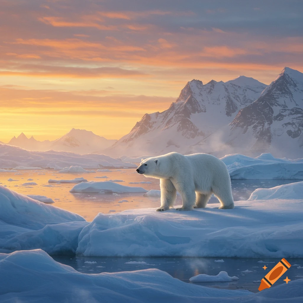A photorealistic polar bear stands on an ice floe in an arctic landscape with snowy mountains and a warm sunset sky.