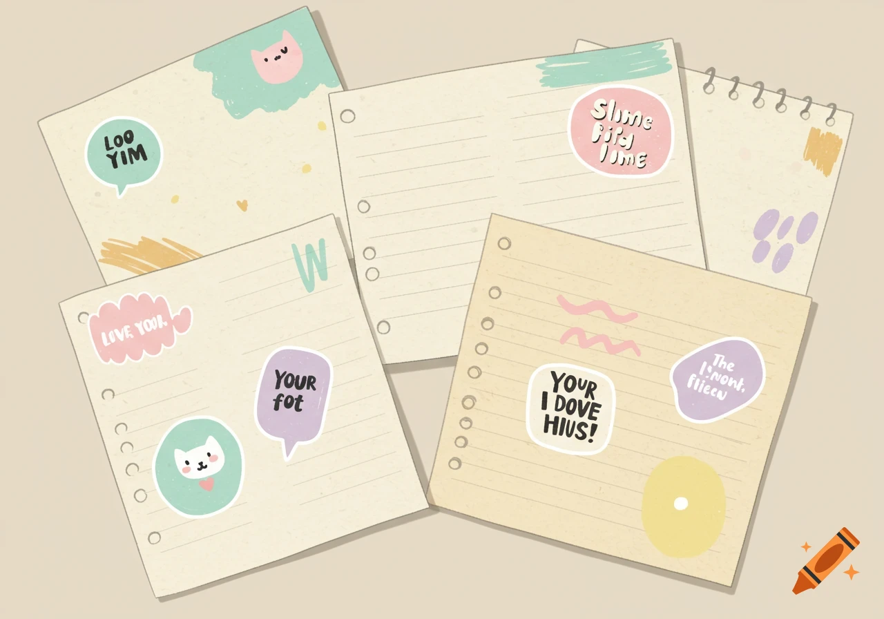 An overhead view of five notebook pages with various stickers featuring cute cats, abstract shapes, and mostly garbled text in a pastel clipart style.