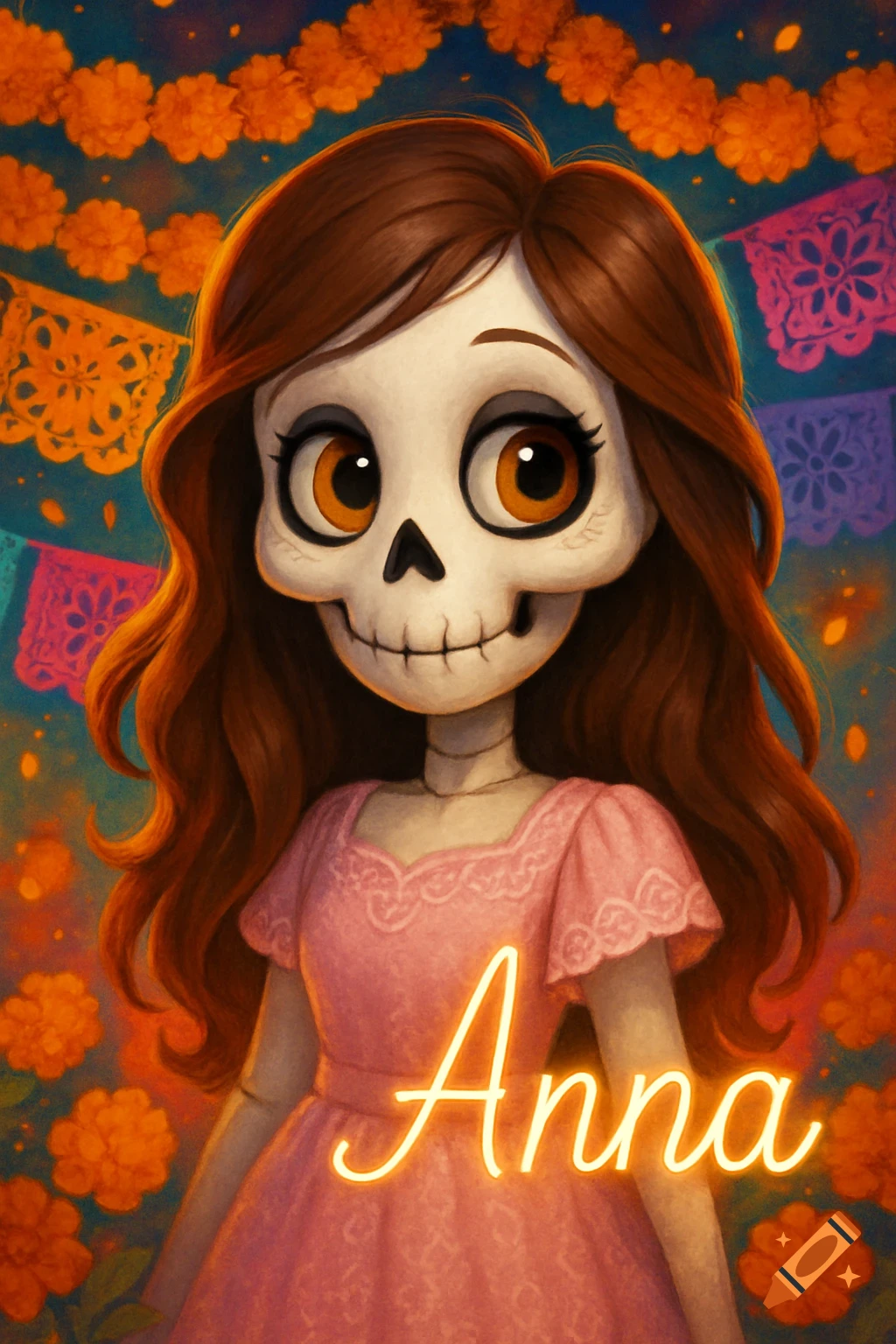 Cartoon calaverita girl in pink dress, brown hair, with glowing name 'Anna' and Day of the Dead decorations.