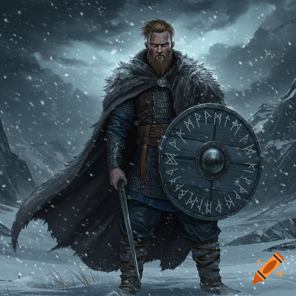 A stoic, heavily bearded Viking warrior in a fur-trimmed cape and chainmail stands in a snowy mountain landscape, holding a sword and a shield with runic symbols.
