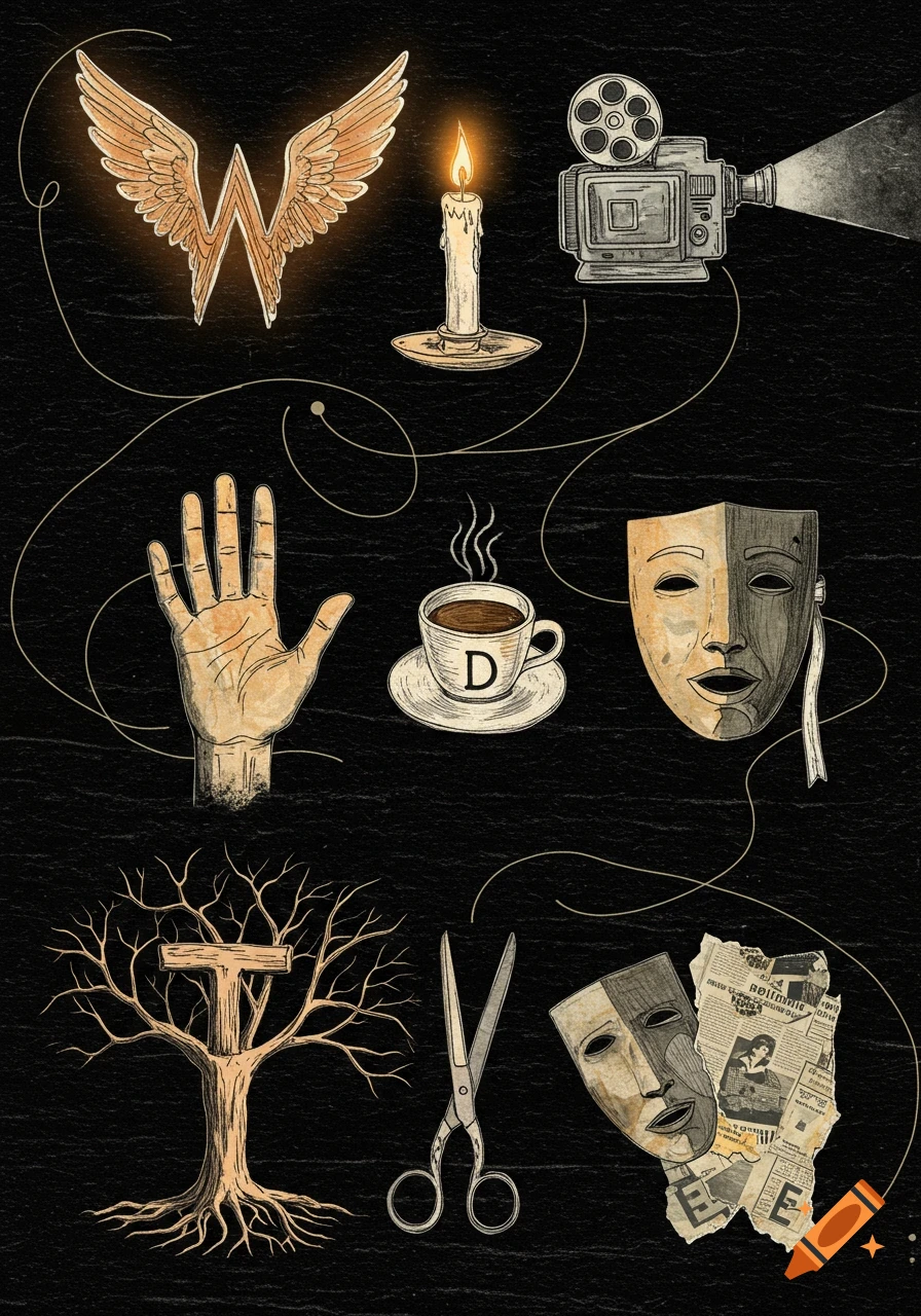 A mixed-media illustration with symbolic elements on a black textured background, including winged 'W', candle 'I', film projector, hand, coffee cup 'D', theater masks, tree 'T', scissors 'K', and newspaper 'E'.