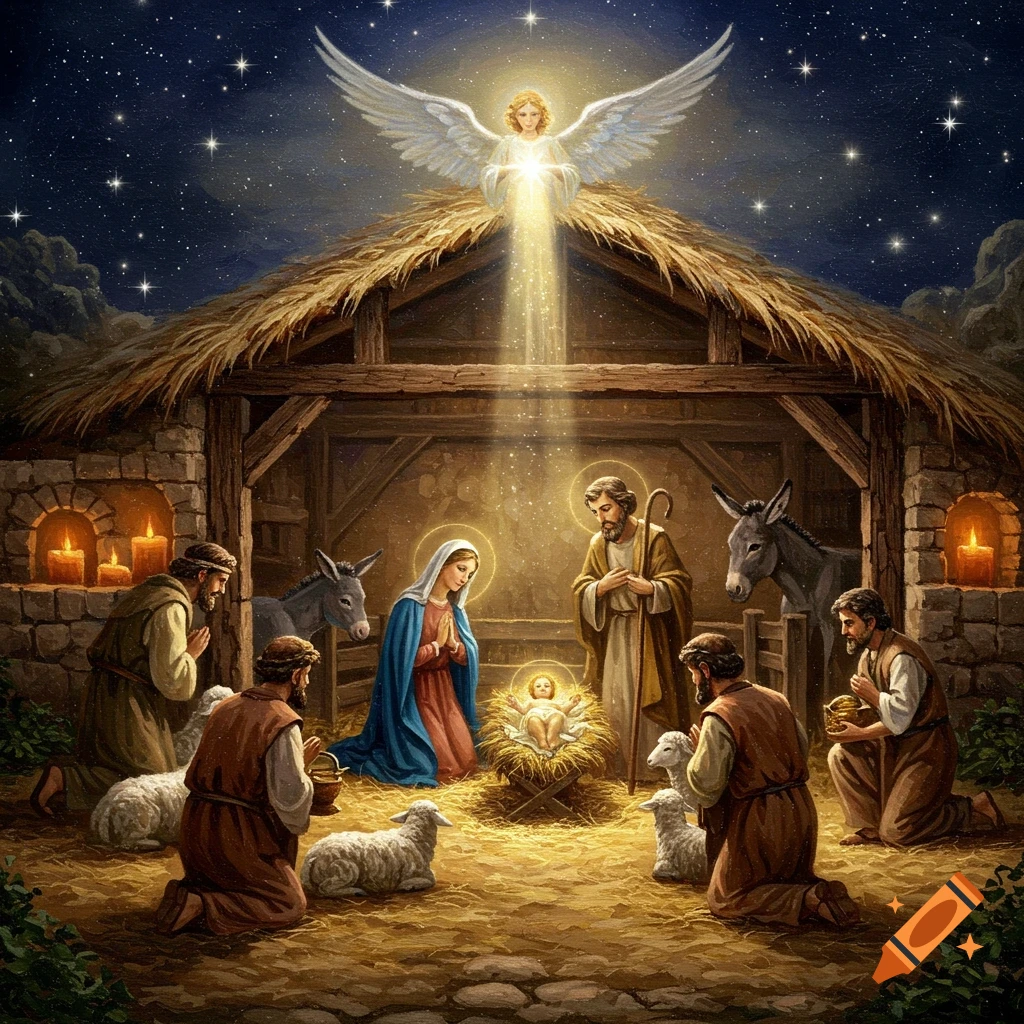 Painting of the Nativity scene with an angel, Mary, Joseph, Baby Jesus, shepherds, and animals in a stable under a starry night.