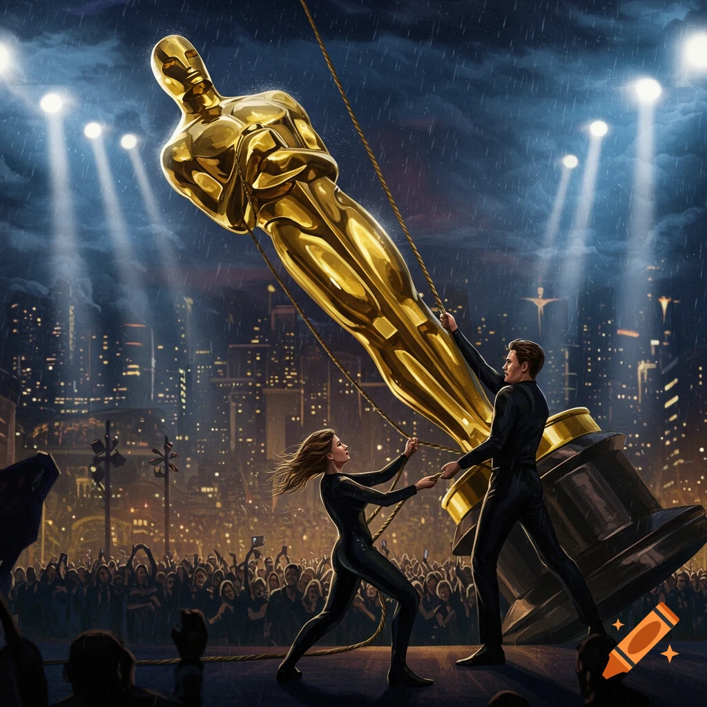 A man and woman pull down a giant gold Oscar statue on a rainy night stage, with spotlights and a city skyline.