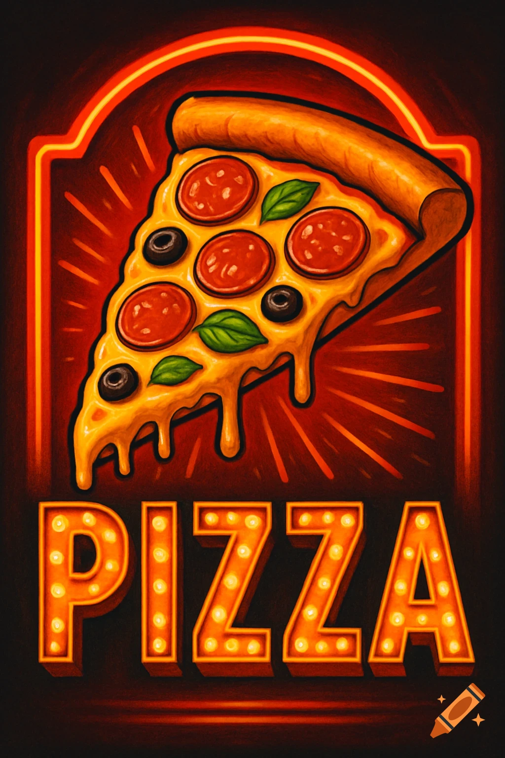 A vibrant, retro-style neon sign featuring a slice of pepperoni pizza with melting cheese and the word PIZZA below.