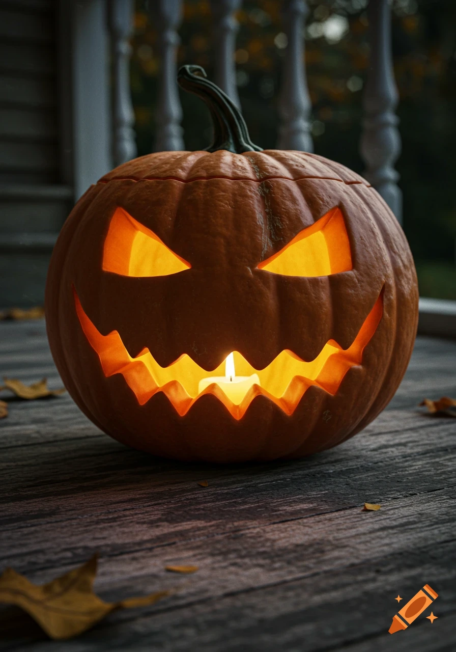 A photorealistic jack-o'-lantern with glowing eyes and a toothy grin, lit by a candle, sits on a wooden porch among fallen leaves.