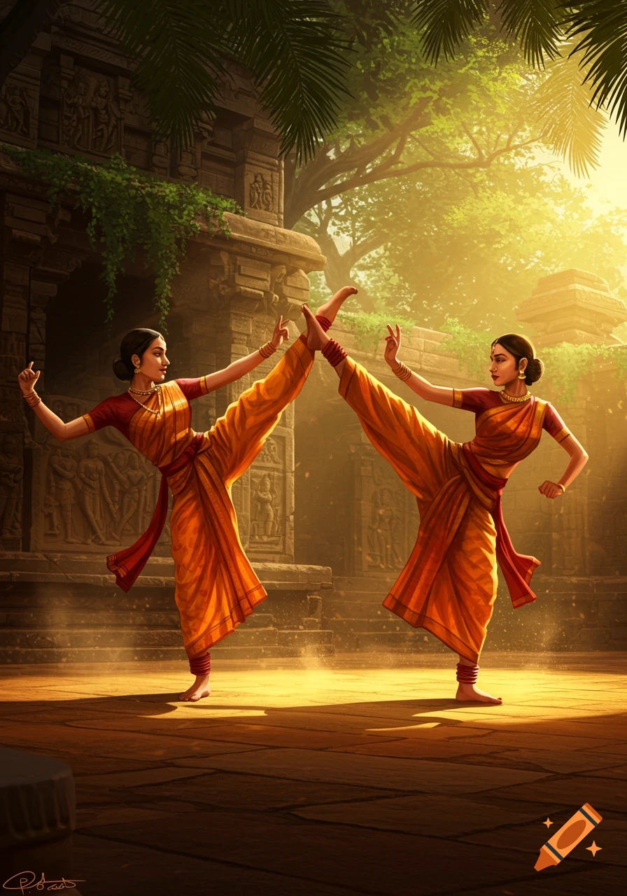 Two Indian women in traditional yellow and red attire perform high kicks in an ancient temple courtyard, with lush greenery and golden light.