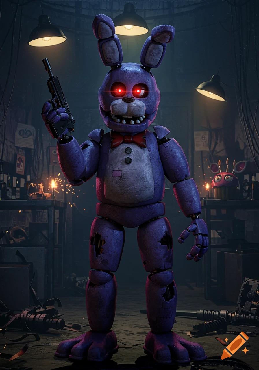 A purple animatronic bunny, Bonnie from Five Nights at Freddy's, with glowing red eyes holds a gun in a dark, cluttered workshop.