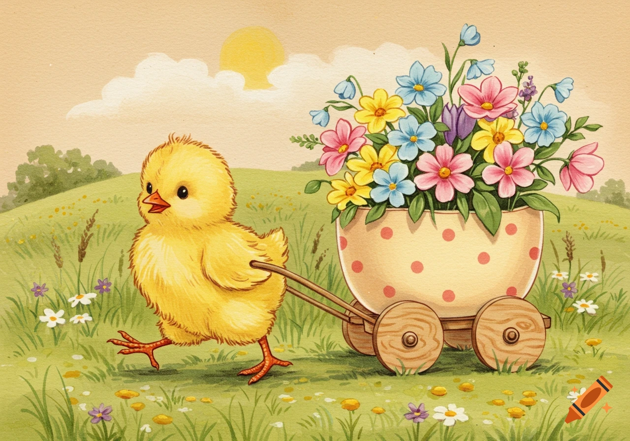 A fluffy yellow chick pulls a polka-dotted cart filled with colorful flowers through a grassy field under a sunny sky in a 50s illustration style.
