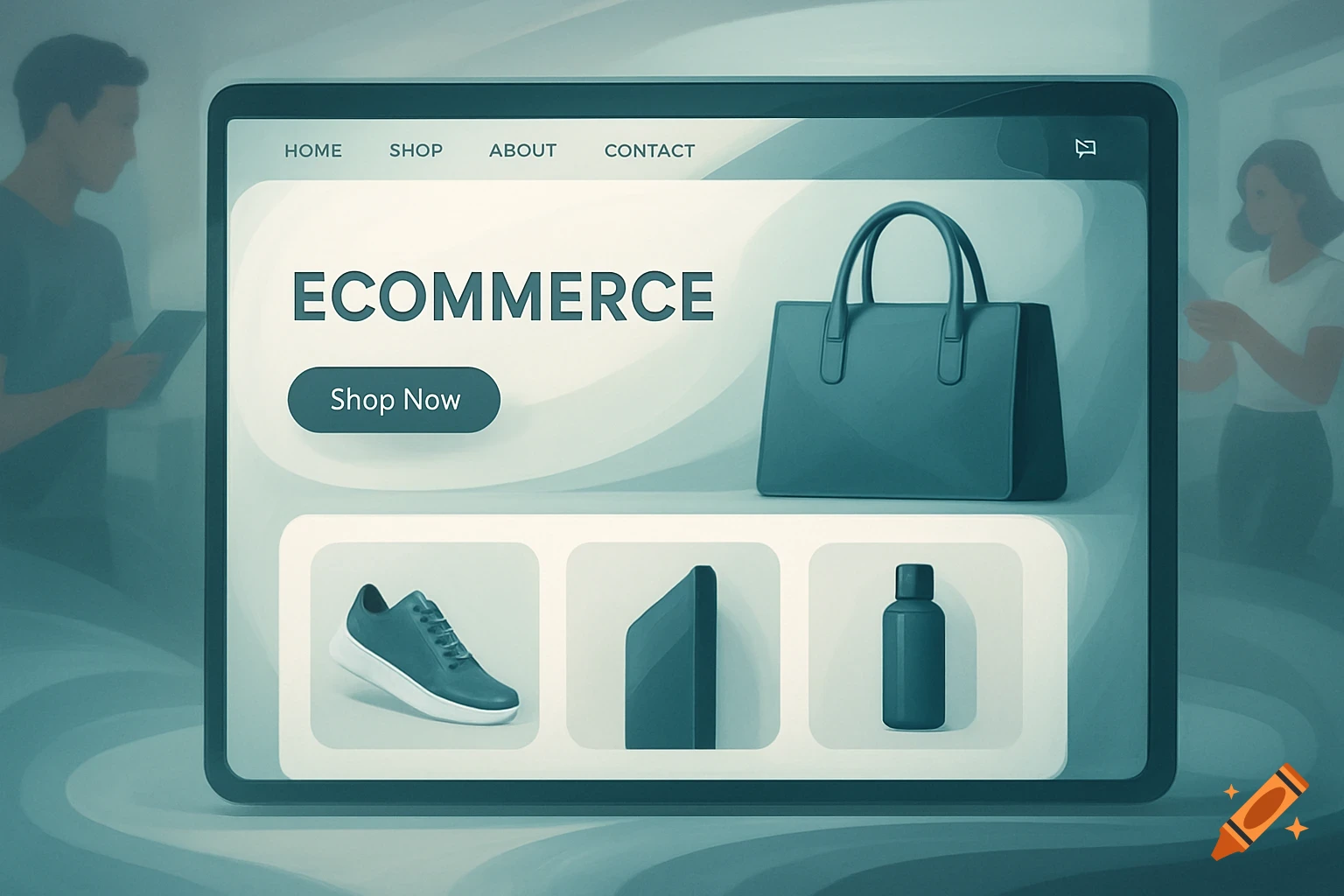 A tablet displays an e-commerce website with a handbag, a shoe, and other products. Abstract figures are in the background.