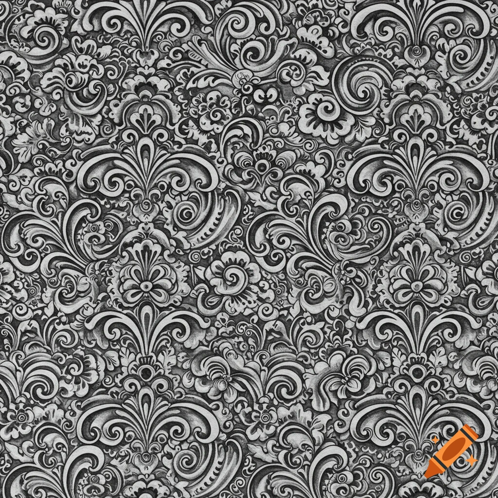 A detailed black and white seamless pattern of intricate rosemaling designs with swirling scrolls, flowers, and leaves.