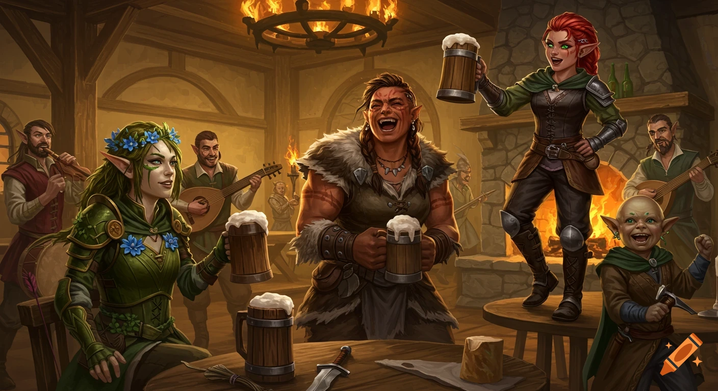 Lively fantasy tavern with elves, an orc, and a small goblin-like character drinking and celebrating while bards play music.