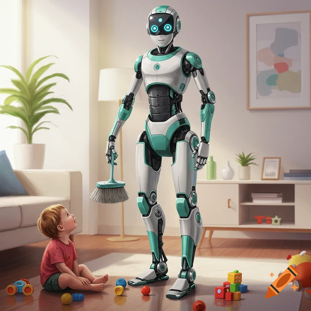 A teal and white domestic robot holding a dustpan looks at a child playing with toys in a bright living room, photorealistic illustration.