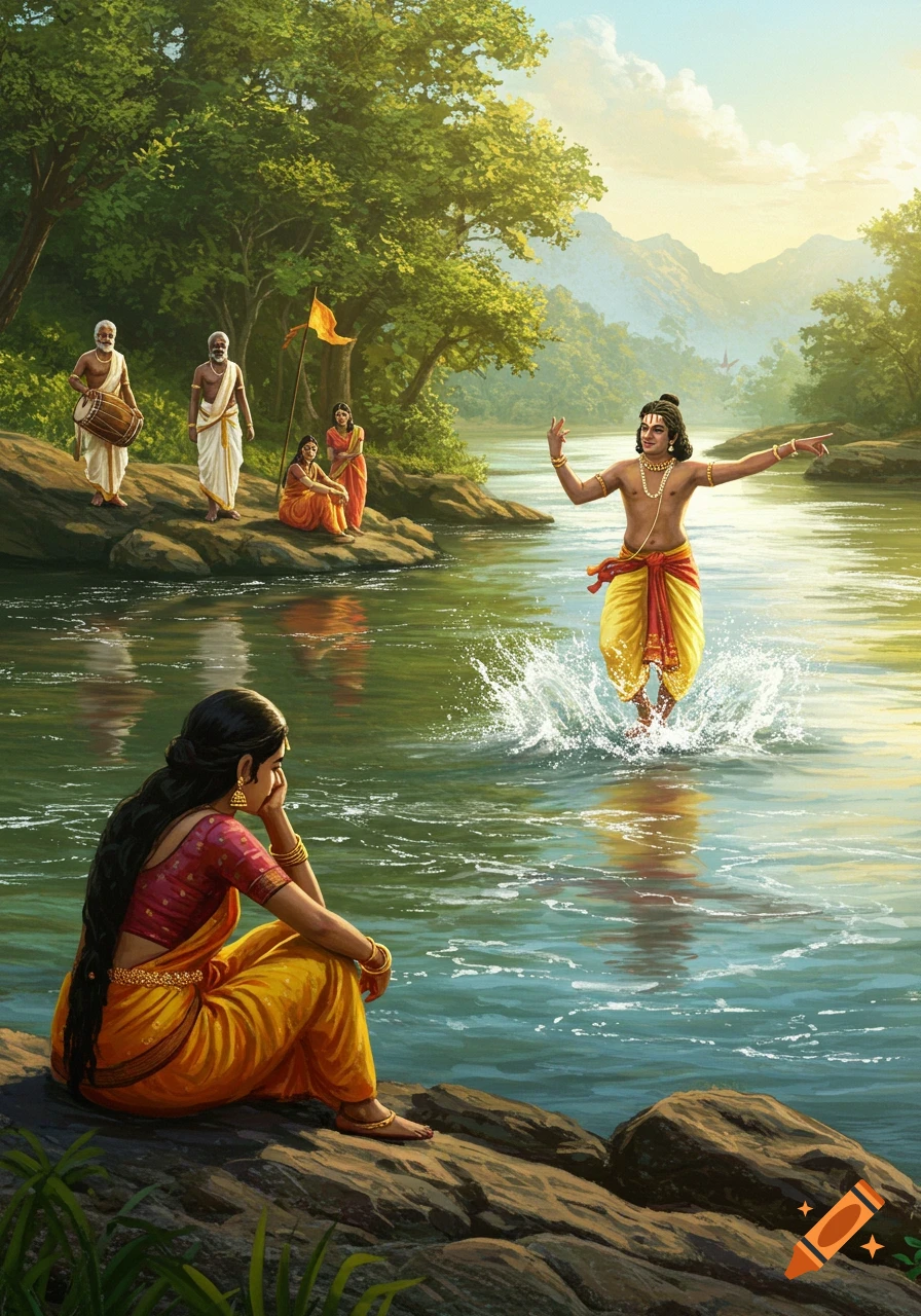 An illustrative painting of a man splashing in a river as other people watch from the rocky bank under a sunny sky.