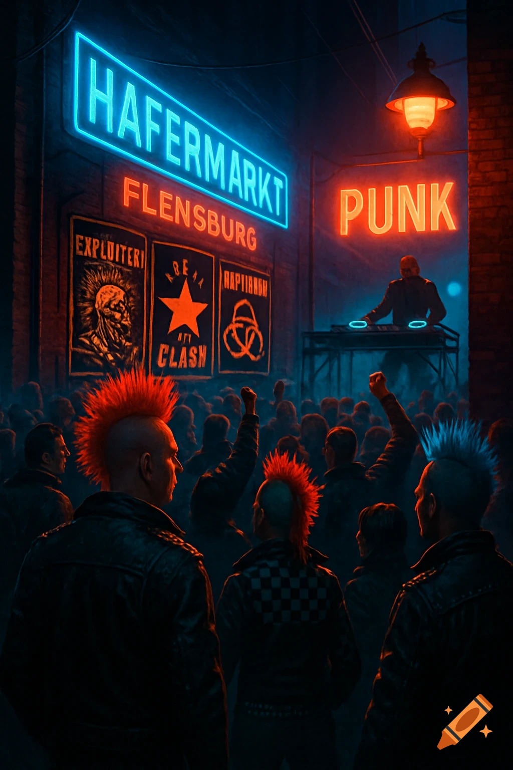 A dark, neon-lit punk rock concert scene with a crowd of people with mohawks and a DJ. Signs read "HAFERMARKT," "FLENSBURG," and "PUNK."