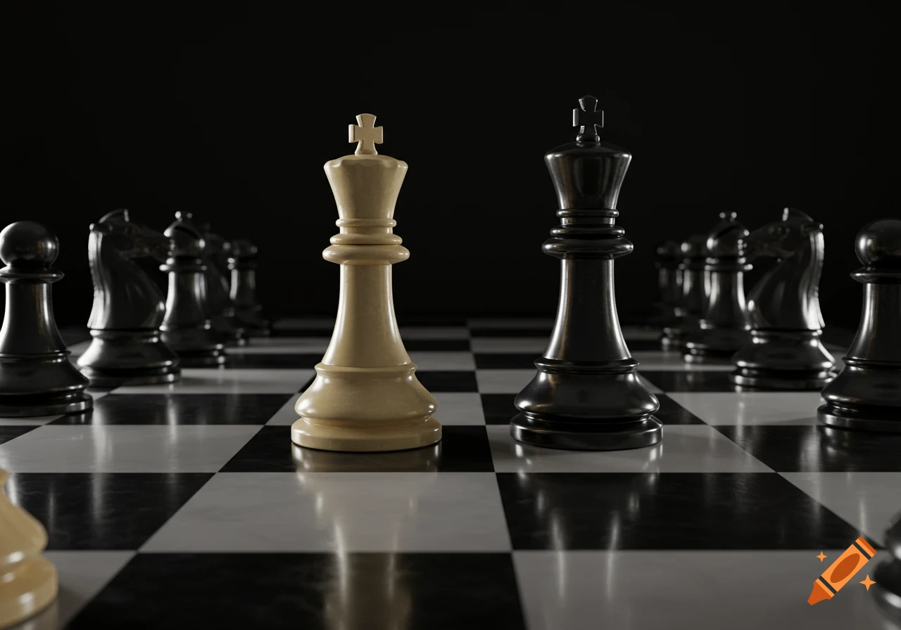 Photorealistic image of a white and black king facing each other on a chessboard with other pieces blurred in the background.