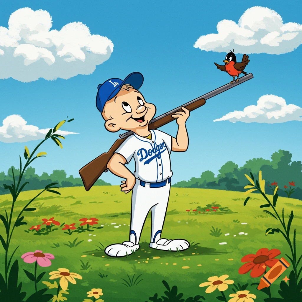 A cartoon character resembling Elmer Fudd in a Dodgers baseball uniform holds a hunting rifle with a robin perched on the barrel, standing in a grassy field with flowers under a blue sky.