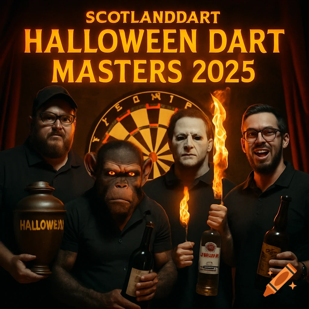 Four men in Halloween costumes, including a chimpanzee, stand in front of a glowing dartboard under text "SCOTLANDDART HALLOWEEN DART MASTERS 2025". One man wears a mask, another holds a burning object, and others hold bottles, one with a 'HALLOWEEN' urn.