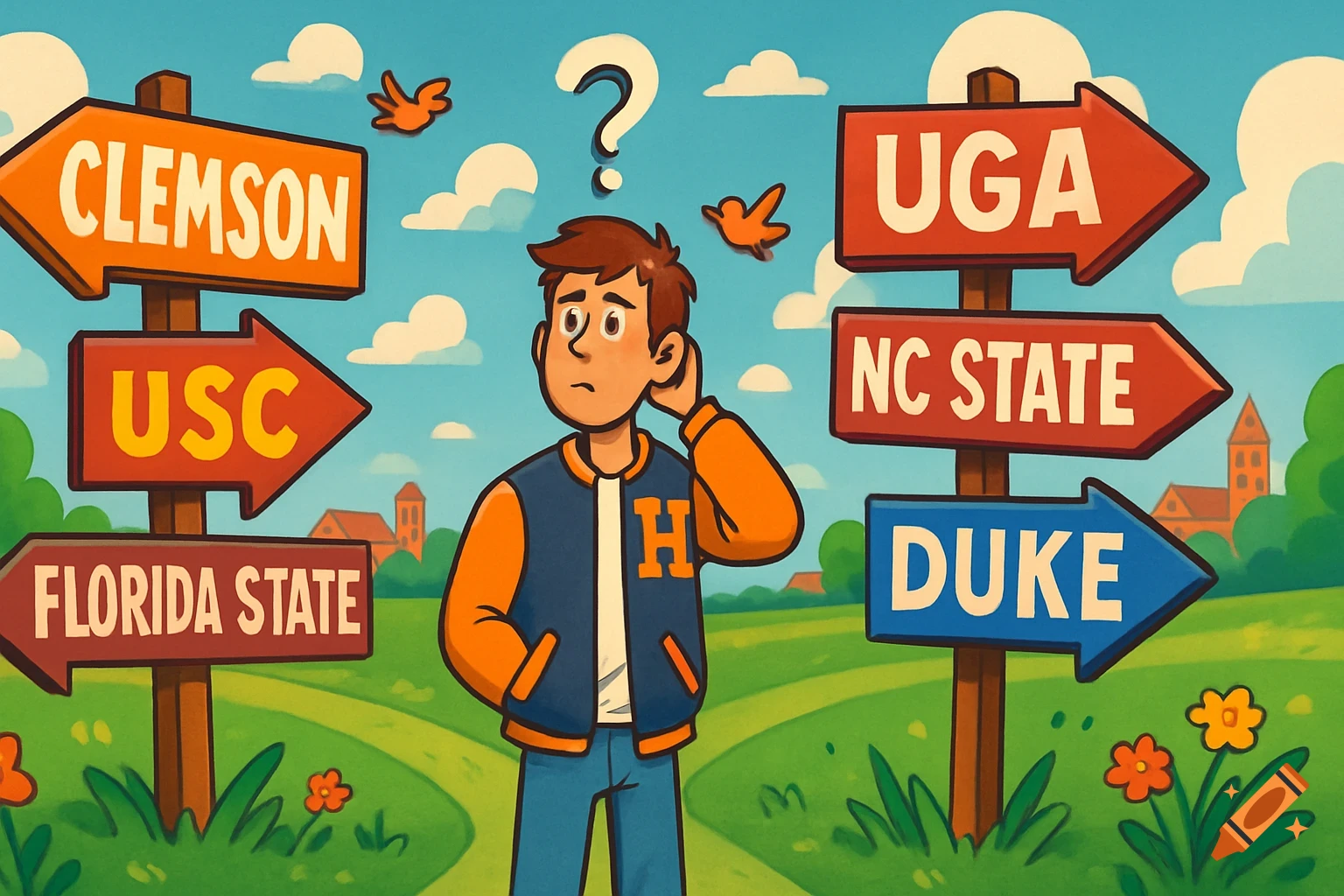 A cartoon student scratches their head, standing at a crossroads with signposts pointing to various colleges like Clemson, UGA, and Duke, indicating a college decision.