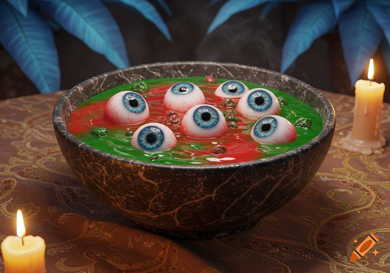 A bowl of green and red liquid with several realistic blue eyeballs and chunky bits, flanked by lit candles.